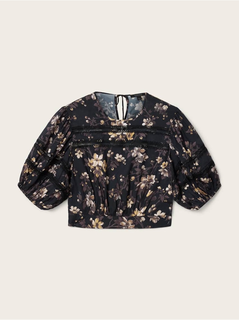 AllSaints Peony Floral Lace Trim Cropped Top Blouse - Vine Black